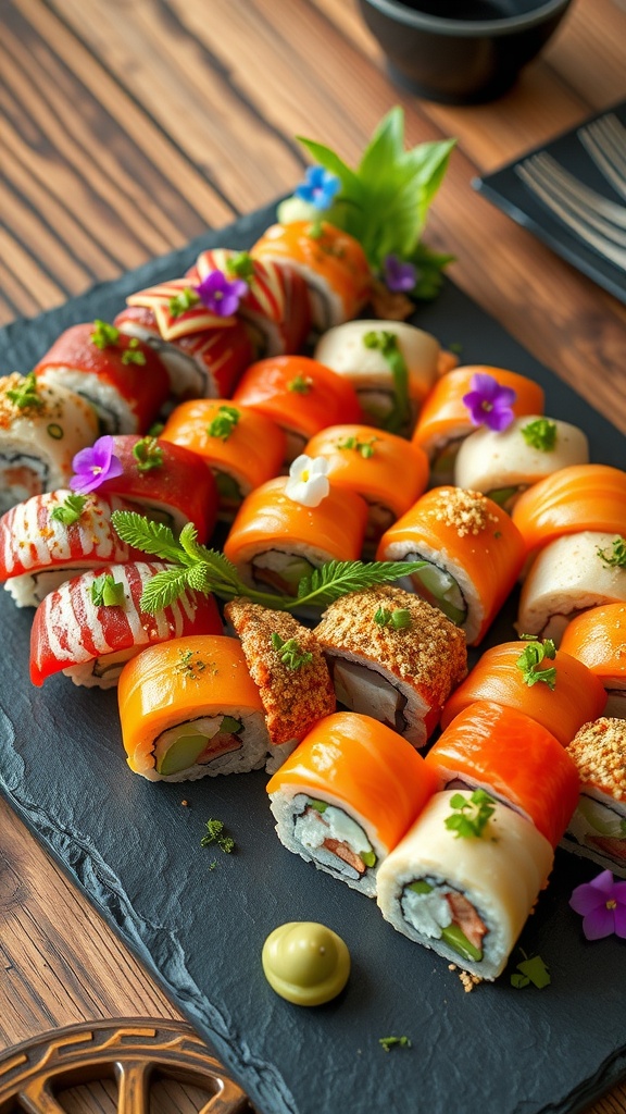 A beautiful arrangement of sushi rolls on a slate plate, decorated with herbs and flowers.